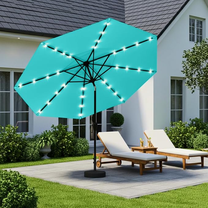 9' Solar LED Patio Umbrella with Tilt & Crank|8 Sturdy Ribs,UV Protection,Outdoor Market Table Umbrella for Deck,Lawn,Pool,Backyard(Peacock Blue)