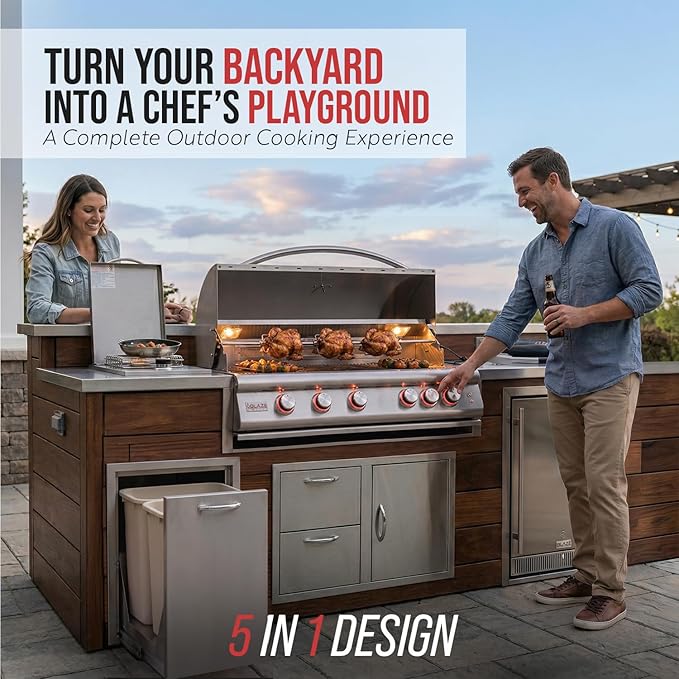 BLAZE BBQ Outdoor Package of 40” LTE Built-in Gas Grill, Gas Dop-In Single Side Burner, 32” Door & Two Drawers Combo, 18” Roll Out Propane Tank/Trash Storage Drawer, 24” Refrigerator and Accessories