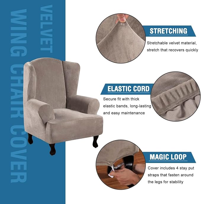 H.VERSAILTEX Wingback Chair Covers Velvet Plush Wing Chair Slipcover 1 Piece High Stretch Wing Back Chair Slipcovers Sofa Cover Furniture Cover with Elastic Bottom, Taupe