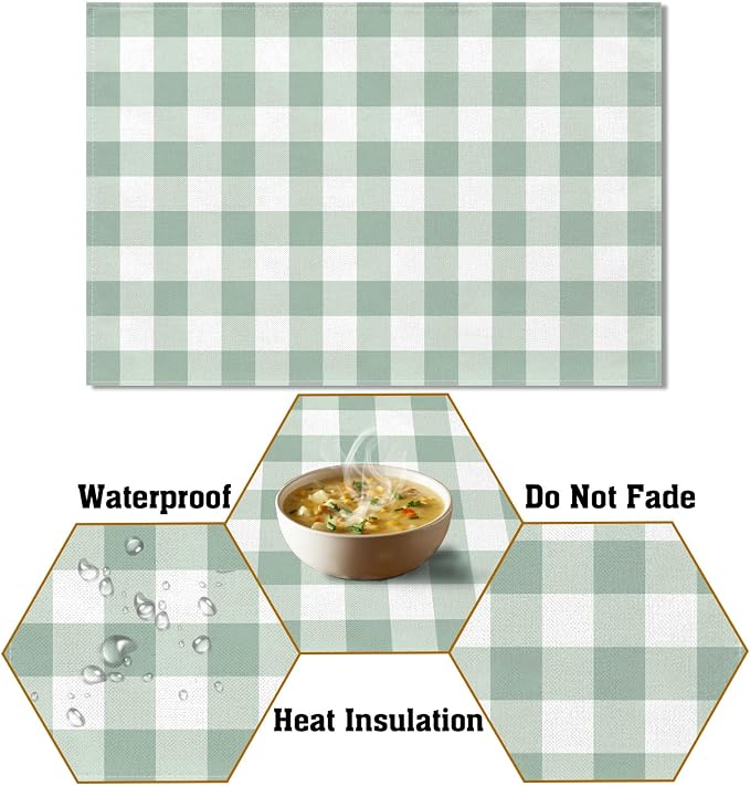 Sage Green Gingham Party Placemats Green and White Checkered Plaid Table Mats for Birthday Bridal Baby Shower Party Dining Table Decorations (12" x 18")