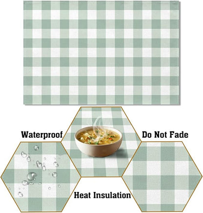 Sage Green Gingham Party Placemats Green and White Checkered Plaid Table Mats for Birthday Bridal Baby Shower Party Dining Table Decorations (12" x 18")