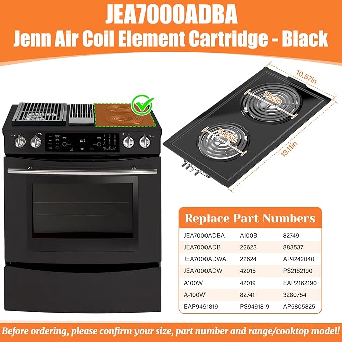 Upgraded JEA7000ADBA Coil Element Cartridge Compatible with Jenn Air Cooktop Replacement Parts Range Stove Cartridge For Whirlpool Electric Burner Cartridge JEA7000ADB With Drip Pans
