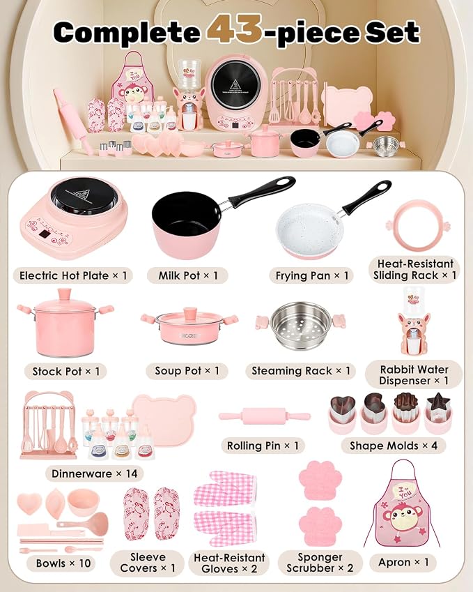 Mini Real Cooking Set for Teens ，42 PCS Electric Hot Plate Kit (Pink) | with Pot, Frying Pan, Steamer, Apron, Utensils and Accessories for Supervised Food Making