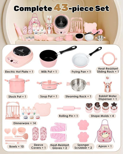 Mini Real Cooking Set for Teens ，42 PCS Electric Hot Plate Kit (Pink) | with Pot, Frying Pan, Steamer, Apron, Utensils and Accessories for Supervised Food Making
