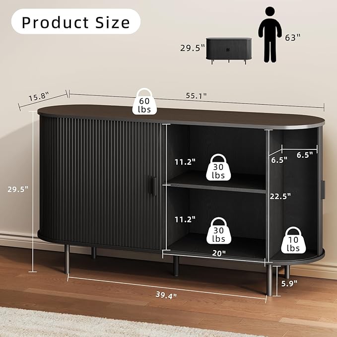 Buffet Sideboard Cabinet with Storage, 55" Fluted Cabinet with Sliding Door & Adjustable Shelf, Modern Accent Coffee Bar Console Table for Kitchen, Entryway, Black