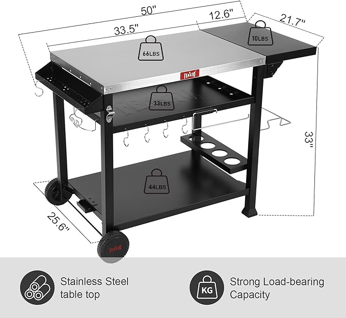 Feasto Outdoor Grill Table Cart, Pizza Oven Stand for Outdoor Indoor, 50" x 22" Stainless Steel Tabletop Dining BBQ Grill with Wheels for Food Prep, 3-Shelf Kitchen Cart with Cover