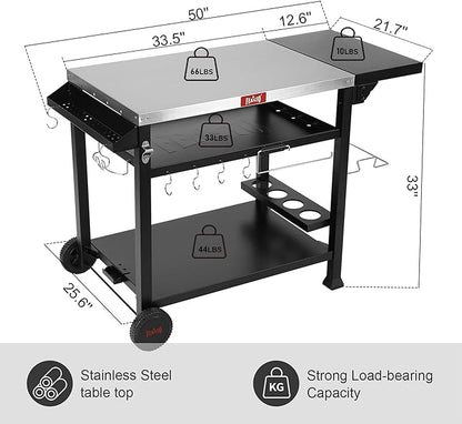 Feasto Outdoor Grill Table Cart, Pizza Oven Stand for Outdoor Indoor, 50" x 22" Stainless Steel Tabletop Dining BBQ Grill with Wheels for Food Prep, 3-Shelf Kitchen Cart with Cover