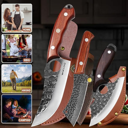 Hand Forged 3-Piece Knife Set High Carbon SteelKitchen Knives Meat Boning Cleaver Cheese Knife Professional Butcher Hunting Fish Fruit Viking Knife with Sheath for Hiking, Camping, Fishing, BBQ