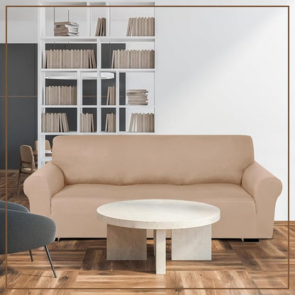 Peryiter 2 Pcs Couch and Loveseat Sofa Covers,Sand Color,Milk Silk | Armchair Covers for Living Room, Sofa Cushion Slipcover 2/3 Seater, Furniture Protector, Polyester and Spandex, Washable
