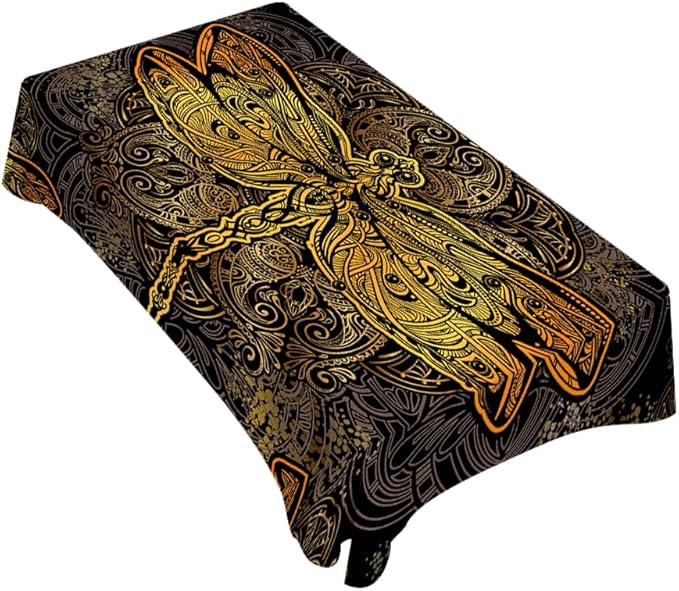 Golden Dragonfly Tablecloth 60x84 Inch Rectangular Vintage Boho Flower Textures Ornate Exquisite Wings Mystery Oblong Table Cloth Kitchen Table Decorations for Home Dinner Party