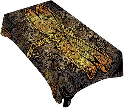 Golden Dragonfly Tablecloth 60x84 Inch Rectangular Vintage Boho Flower Textures Ornate Exquisite Wings Mystery Oblong Table Cloth Kitchen Table Decorations for Home Dinner Party