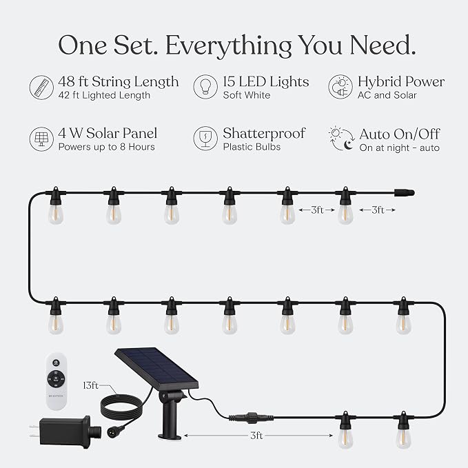 Brightech Ambience Hybrid Outdoor String Lights - Dual Plug and Solar Powered Waterproof LED Light String for Outside - Dimmable Soft White Edison Bulbs for Camping, Patio, Cafe, Yard - 48ft, 4W