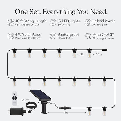 Brightech Ambience Hybrid Outdoor String Lights - Dual Plug and Solar Powered Waterproof LED Light String for Outside - Dimmable Soft White Edison Bulbs for Camping, Patio, Cafe, Yard - 48ft, 4W