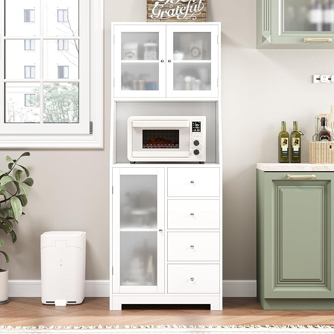 BOTLOG 64'' Kitchen Pantry Storage Cabinet, Tall Kitchen Storage Cabinet with Microwave Stand, Hutch Cabinet with Adjustable Shelves, for Dining Room (White) | Save Space, Microwave Stand, Hutch Cabinet for Dining Room, Kitchen, Modern White
