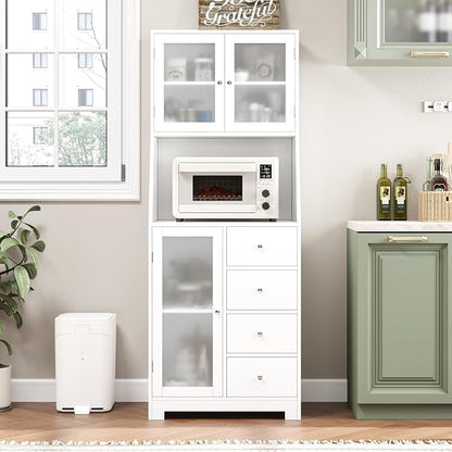 BOTLOG 64'' Kitchen Pantry Storage Cabinet, Tall Kitchen Storage Cabinet with Microwave Stand, Hutch Cabinet with Adjustable Shelves, for Dining Room (White) | Save Space, Microwave Stand, Hutch Cabinet for Dining Room, Kitchen, Modern White