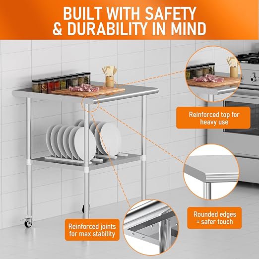 Stainless Steel Table with Wheels 30" x 30" Utility Worktable with Adjustable Undershelf for Commercial Kitchen, Garage, Restaurant