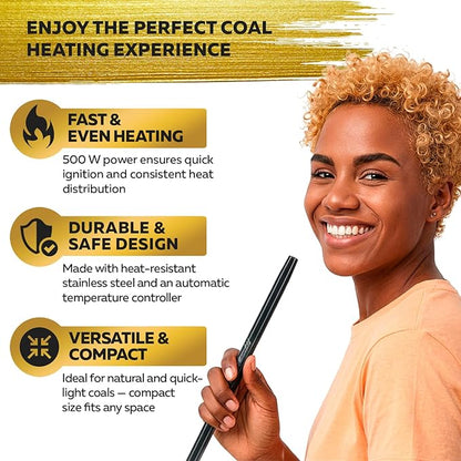 PRO Hookah Coal Burner for Hookah Cubes 500W with grid – BLACK HEAT Charcoal Burner Electric for Shisha with grill & FREE Hooka Tongs - Strong Durable 304 Steel Coil