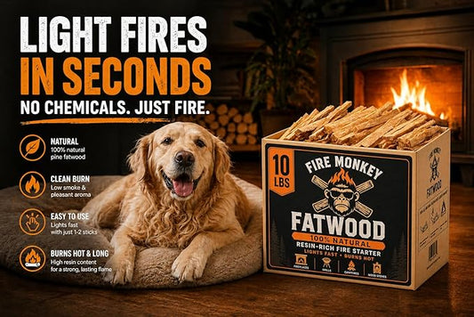 Fatwood Fire Starter Sticks 10 LB Box by Fire Monkey | 100% Natural Resin-Rich Fat Wood Fire Starters | for Fireplace, Fire Pit, Campfire, BBQ Grill, Charcoal & Wood Stove | Lights Fast, Burns Hot