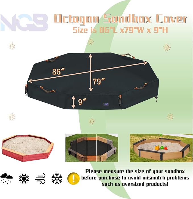 NGB Octagon Sandboxes Cover,with 4 Windproof Hooks 4 Reflective Handles and Elastic Pull Cord ，600D Oxford Garden Canopy Sandpit Pool Protection Cover Dustproof and Waterproof (Black,86x79x9inch)