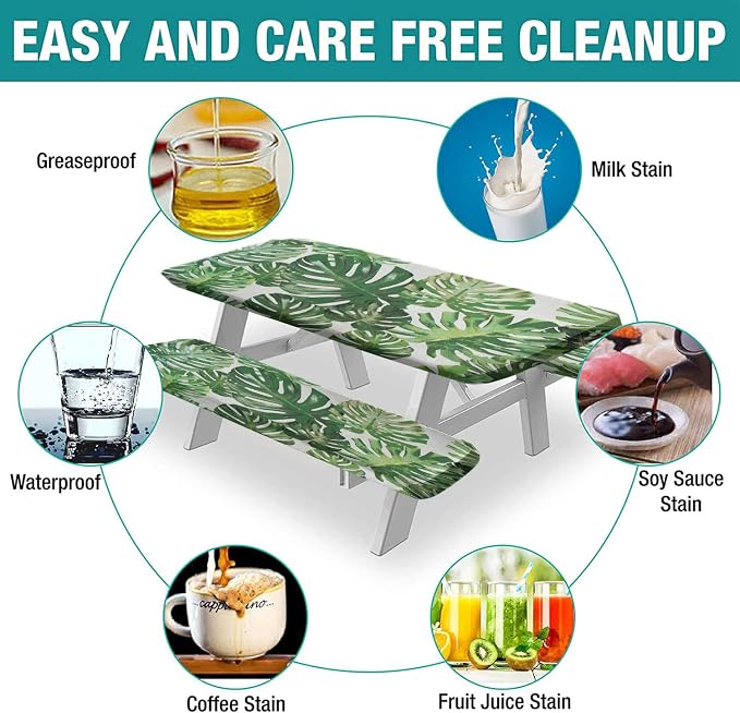 Tropical Picnic Table Cover with Bench Covers, 3 Pieces Set, Monstera Leaf Palm Tree Print Rectangular Picnic Fitted Tablecloth and Bench Covers, 72X28 Inch, Green, for Outdoor and Camping Use