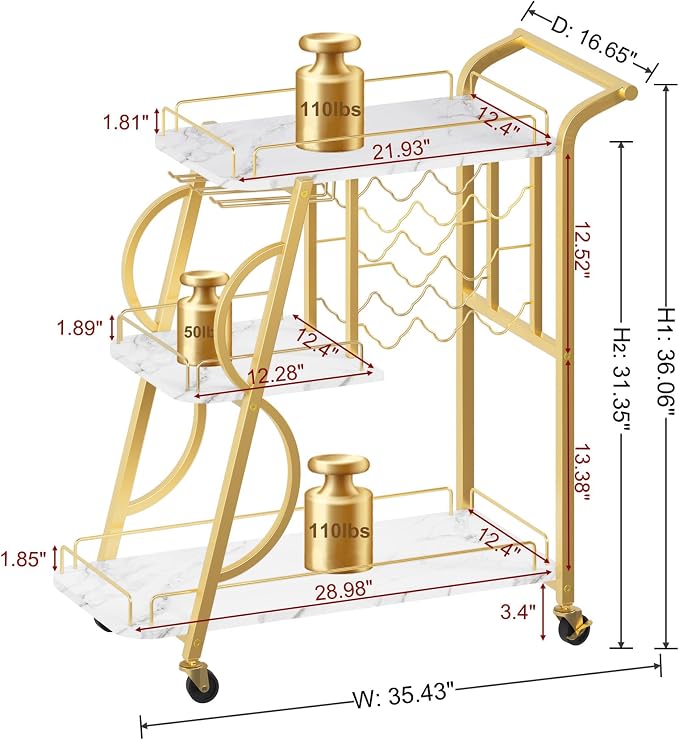 Bar Cart, Gold Bar Carts for The Home, Serving Cart with Wine Glass Holder, 3-Tier Drink Carts with Wheels, Rolling Beverage Trolley for Kitchen, Dining, Living Room (Gold & Marbleized White)