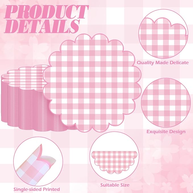 100 Pcs Checkered Paper Placemats Pink Gingham Place Mats 13.5 Inch Disposable Round Decorative Dining Table Mat with Scalloped Edge Paper Cutouts Decor for Picnic BBQ Table Party Supplies