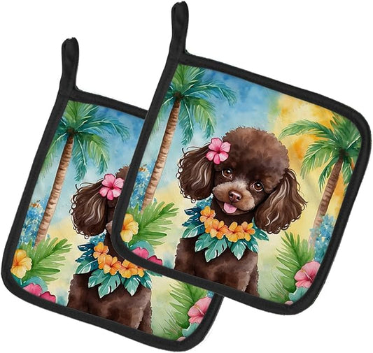 Caroline's Treasures Chocolate Poodle Luau Pair of Pot Holders Kitchen Heat Resistant Pot Holders Sets Oven Hot Pads for Cooking Baking BBQ, 7 1/2 x 7 1/2