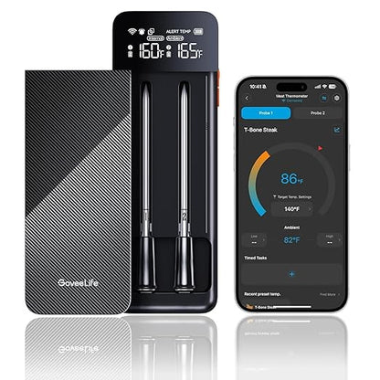 GoveeLife Smart Wireless Meat Thermometer 2 Probes with Stable Bluetooth WiFi Transmission, Digital Oven Thermometer with Accuracy±1.8℉, IP68, Charge Magnetic Base, Alarm, for BBQ, Grill, Smoker
