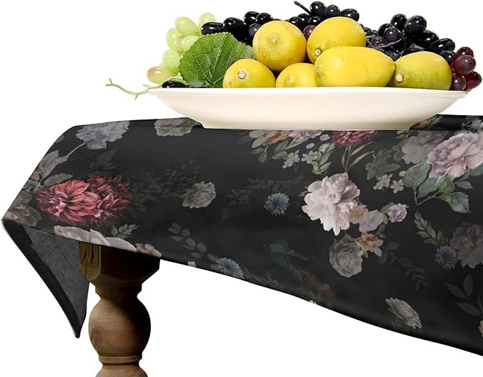 Vintage Florals Tablecloth, Black Pink Garden Gothic Flowers Rustic Roses Boho Botanical Plant Water Resistant Wipeable Table Cover for Picnic Party Holiday Kitchen Dinner Table 55"x55"