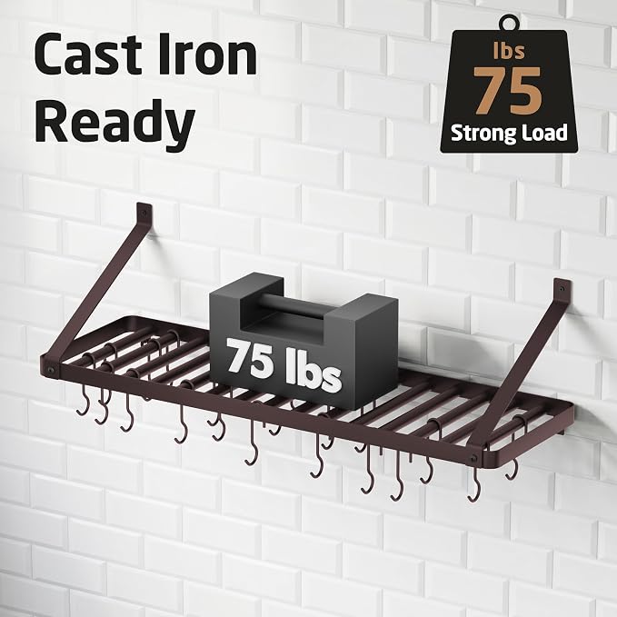 KES 75lb High-Capacity Oil Bronze Pot Rack Wall Mounted with Pot Lid Holder | 34 Inch Heavy-Duty Pots and Pans Hanging Rack with 20 Hooks, Drilling Template Provided for Easy Install