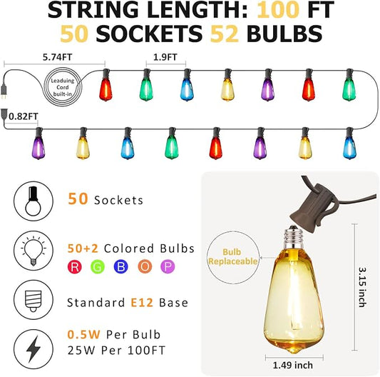Multicolor String Lights 100FT LED Colored String Lights for Outside with 50+2 ST38 Edison Colorful String Lights for Outdoor Patio Bistro Gazebo Pergola Backyard