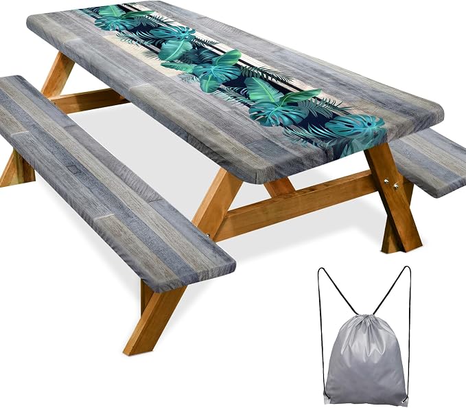 Picnic Table Cover Bench Covers Camping Essentials Tablecloth | Waterproof Vinyl for Outdoor, Windproof Elastic Fitted Edges, RV BBQ Accessories Must Haves, Storage Bag Included