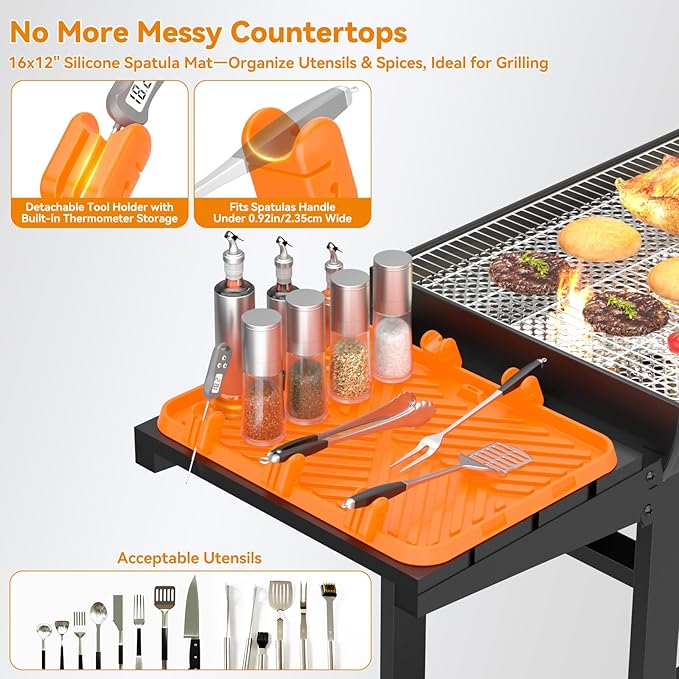 Silicone Griddle Tool Mat Blackstone Griddle Mat for Side Shelf Silicone Utensil Rest with Drip Pad, 5 Removable Grill Spatula Holders & Thermometer Slots, Flat Top Grill Accessories Orange 12x16 Inch