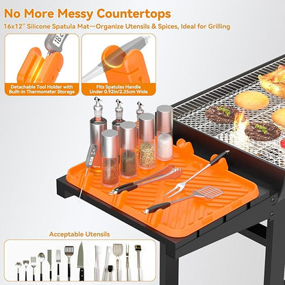 Silicone Griddle Tool Mat Blackstone Griddle Mat for Side Shelf Silicone Utensil Rest with Drip Pad, 5 Removable Grill Spatula Holders & Thermometer Slots, Flat Top Grill Accessories Orange 12x16 Inch
