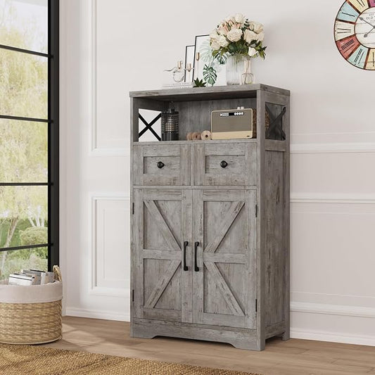 Befrases Farmhouse Storage Cabinet with Drawers and Adjustable Shelves, Freestanding Kitchen Pantry Storage Cabinet, Floor Storage Cupboard for Dining Living Room Home Office, Washed Grey