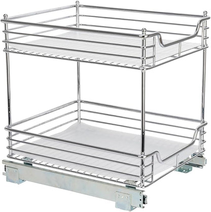 Household Essentials Glidez Chrome-Plated Steel Pull-Out/Slide-Out Storage Organizer with Plastic Liners for Under Cabinet Use - 2-Tier Design - Fits Standard Size Cabinet or Shelf, Chrome