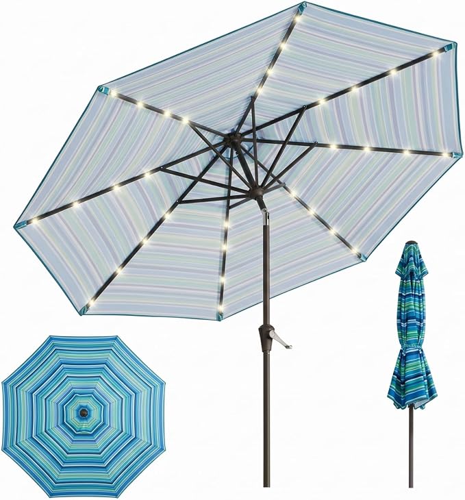 10FT Solar Lighted Patio Umbrella, Outdoor Table Market Umbrellas with Push Button Tilt and Crank, 32 LED Lights, 8 Sturdy Ribs, UV-Resistant for Deck, Garden, Pool