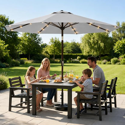 10FT Solar Lighted Patio Umbrella, Outdoor Table Market Umbrellas with Push Button Tilt and Crank, 32 LED Lights, 8 Sturdy Ribs, UV-Resistant for Deck, Garden, Pool