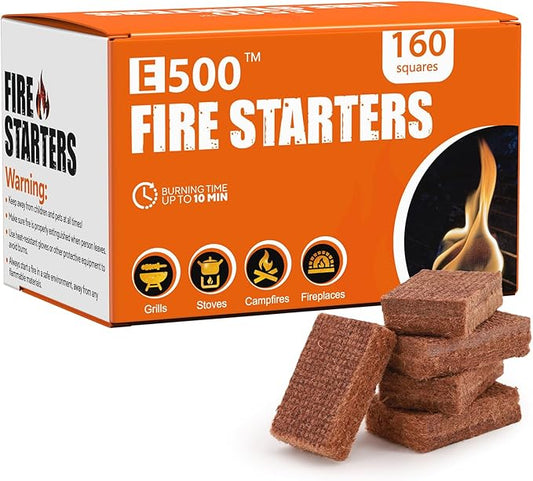 E500 Fire Starter for Campfires, Fireplace, Fire Pits, BBQ, Grills, Larger Charcoal Fire Starter Squares, 160-Count Firestarter, Chimney Charcoal Starter