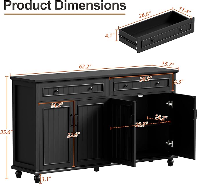 Scurrty Sideboard Buffet Cabinet, 62'' Large Storage Cabinet with Drawers and 4 Doors, Vintage Coffee Bar Cabinets with Adjustable Shelf for Kitchen, Living Room, Black