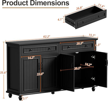 Scurrty Sideboard Buffet Cabinet, 62'' Large Storage Cabinet with Drawers and 4 Doors, Vintage Coffee Bar Cabinets with Adjustable Shelf for Kitchen, Living Room, Black