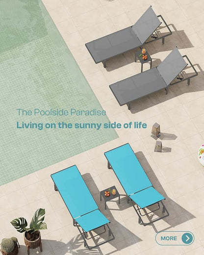 Lounge Chair Outdoor with Wheels, Aluminum Patio Chaise Lounge Chair with 5 Adjustable Backrest - Easy to Move- Pool Lounge Chairs for Deck, Beach, Poolside (Lakeblue)