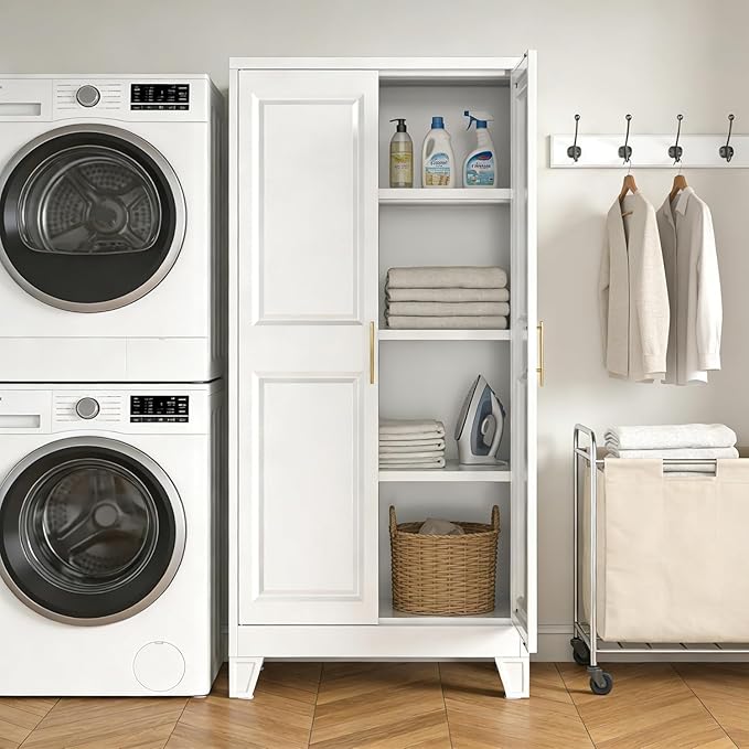 61.4" White Metal Pantry Storage Cabinet, Farmhouse Kitchen Cupboard with 3 Adjustable Shelves, Magnetic Closure, Anti-Tip Kit & Moisture-Proof Legs for Kitchen, Living Room, Assembly Required