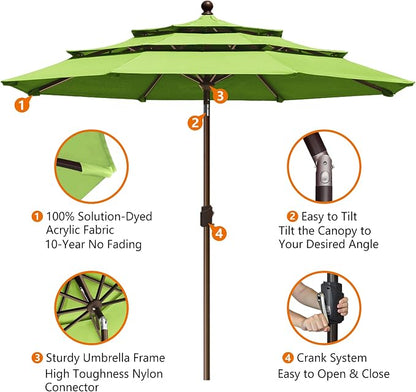 EliteShade USA 10-Year-Non-Fading 10ft 3-Tier Market Patio Umbrella, Commercial Grade Outdoor Table Umbrella with Crank Open, Windproof & UPF 50+ UV Protection, Heavy Duty Ventilation for Garden, Deck, Pool, Backyard, Beach & Bistro, Macaw Green