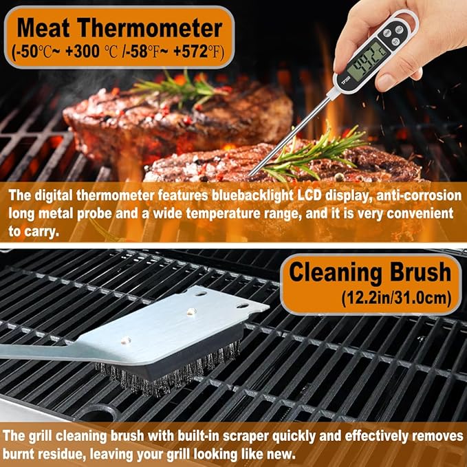 POLIGO 26Pcs Exclusive BBQ Grill Accessories in Aluminum Case for Birthday Fathers Day Grilling Gift - Grill Utensils Set with Barbecue Claws, Meat Injector, Thermometer for Smoker, Camping BBQ Black