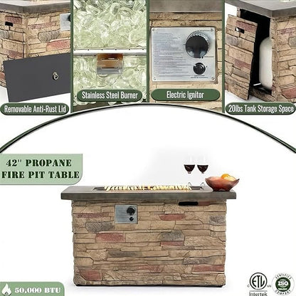 42" Propane Gas Fire Pit Table, 50,000 BTU Outdoor Patio Fire Pit, Concrete Fire Pit with Realistic Stone Base, Stainless Steel Burner, Glass Rocks & Tank Storage for Deck Backyard Garden