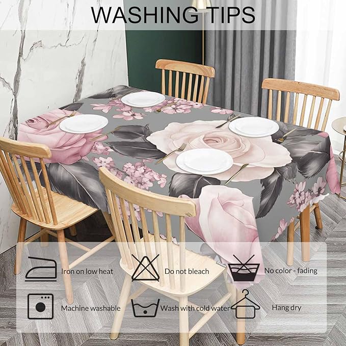 Rose Tablecloth for Rectangle Tables - Gray Pink Roses Cover for Indoor and Outdoor Picnic, Camping, Dinner, Kitchen - 52"X70"