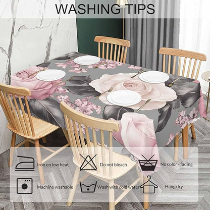 Rose Tablecloth for Rectangle Tables - Gray Pink Roses Cover for Indoor and Outdoor Picnic, Camping, Dinner, Kitchen - 52"X70"