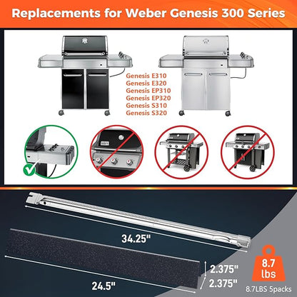 QuliMetal SUS304 34.5" Grill Burners & 24.5" Flavorizer Bars for Weber Genesis 300 Series(2007-2010), Grill Parts for Weber Genesis E310, E320, S310 (with Side Control), Replaces Weber 7540, 67722