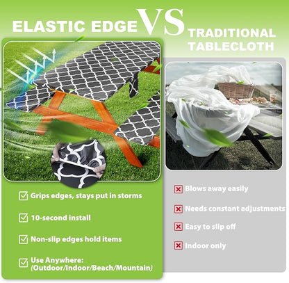 Fitted Picnic Table Cover with Bench Covers Waterproof Elastic Edges Rectangle Patio Tablecloth Outdoor Camping Essentials Stuff Rv Accessories Summer Trip Travel Supplies Party Camper Gifts, 6 ft